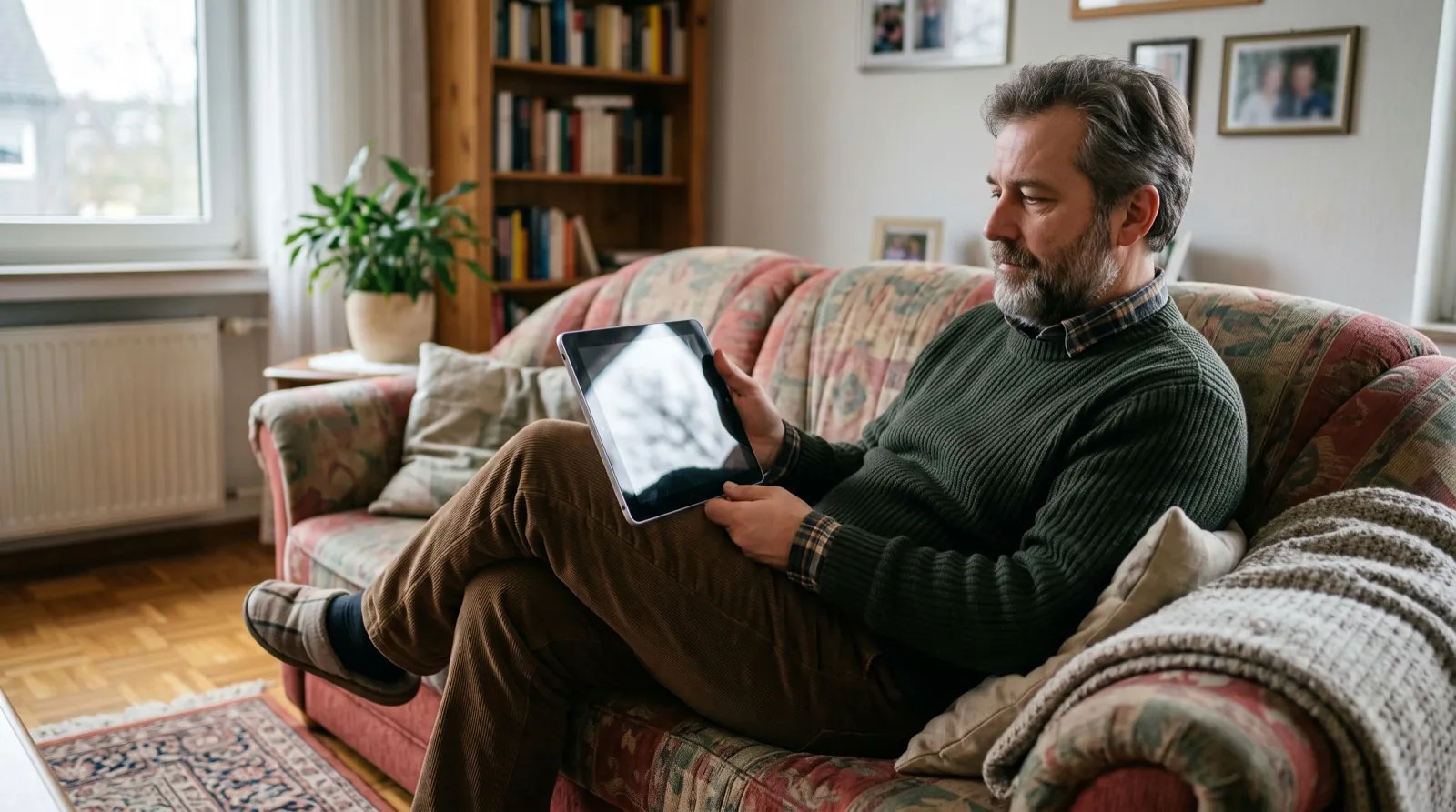 Erwachsener sitzt mit einem Tablet auf dem Sofa