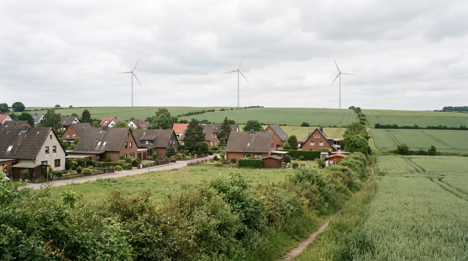 Windräder auf einem Feld hinter einem Wohngebiet