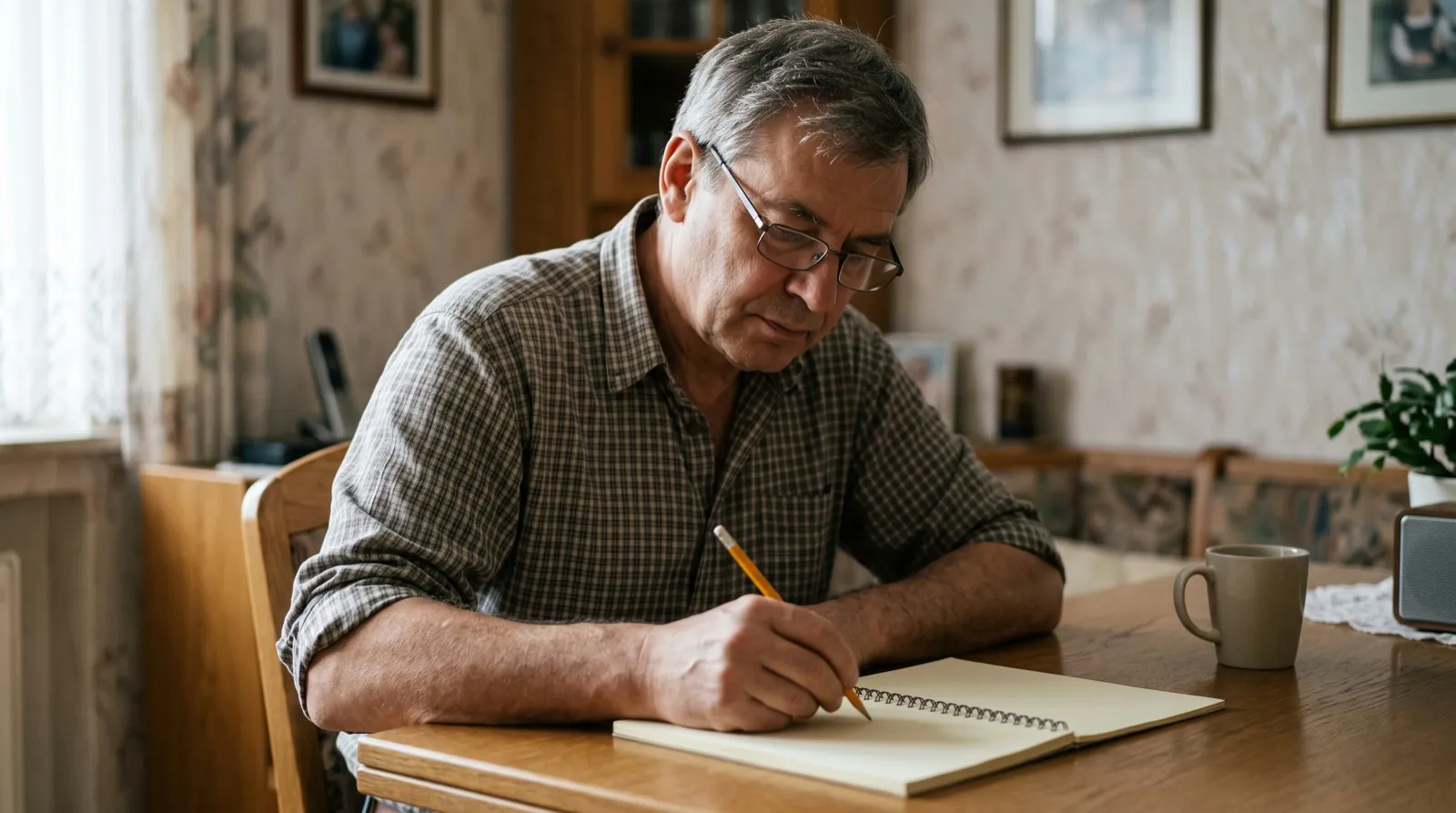 Erwachsener rechnet zuhause mit Stift und Papier am Esstisch