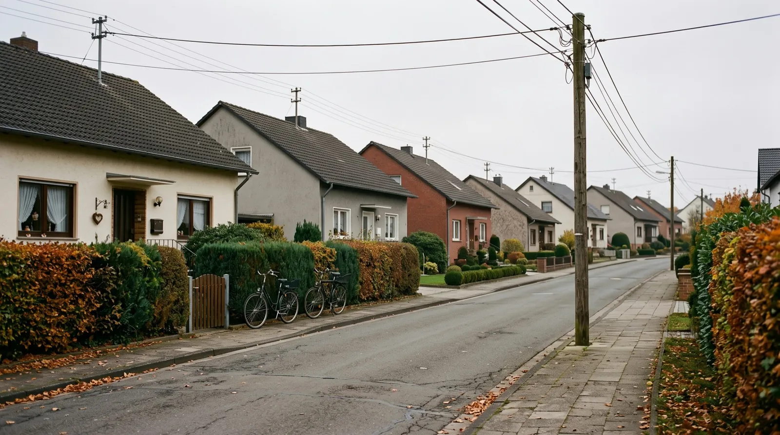 Wohnstraße mit Einfamilienhäusern an einem bedeckten Tag