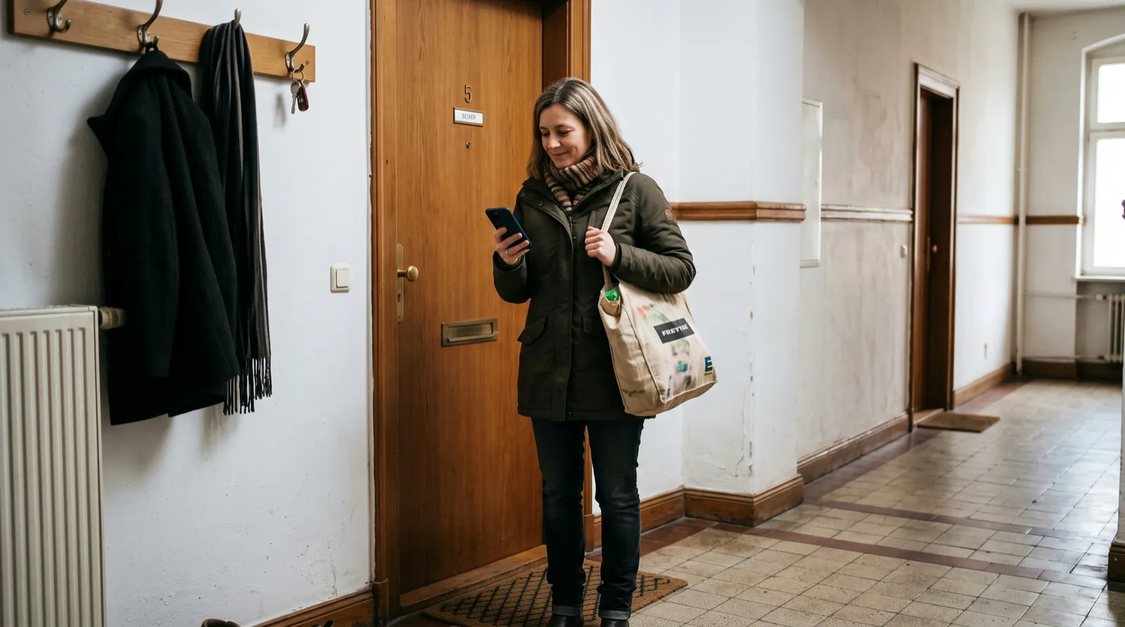 Frau kommt mit Einkäufen nach Hause und schaut im Flur auf ihr Smartphone