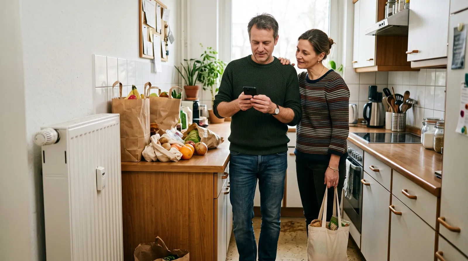 Paar in einer hellen Küche schaut nach dem Einkauf gemeinsam auf ein Smartphone