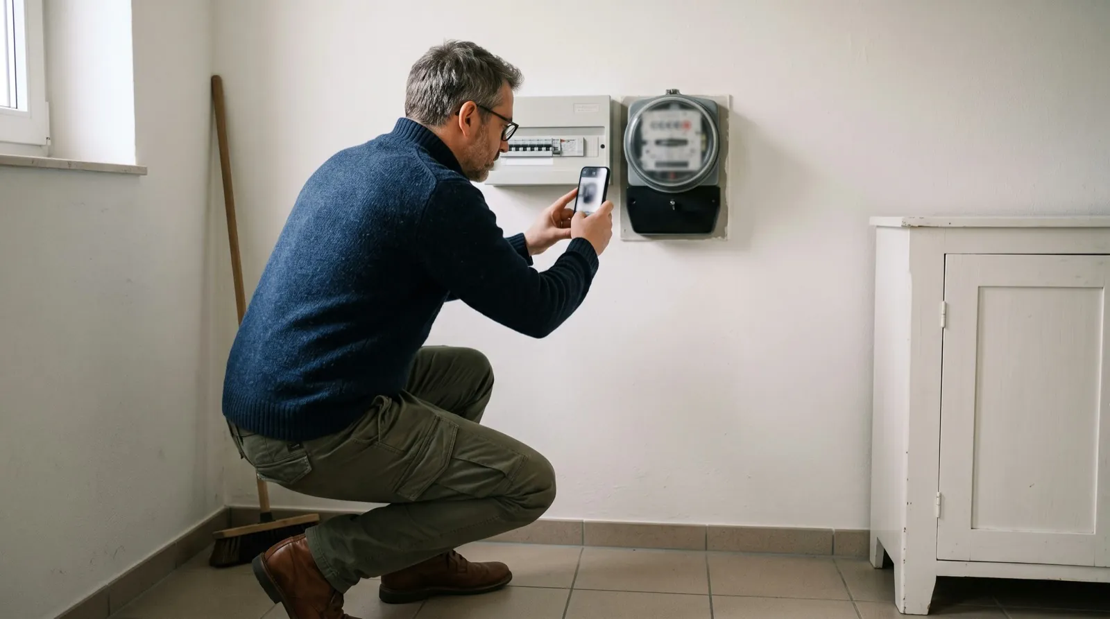 Bewohner fotografiert im Hauswirtschaftsraum den Stromzähler mit dem Smartphone