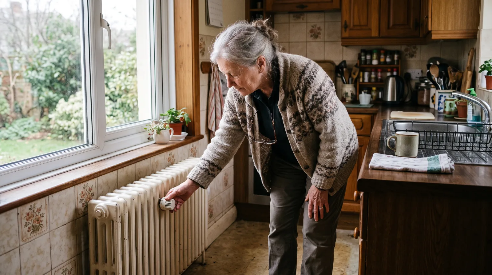 Anziana in cucina mentre regola la manopola del termosifone vicino alla finestra