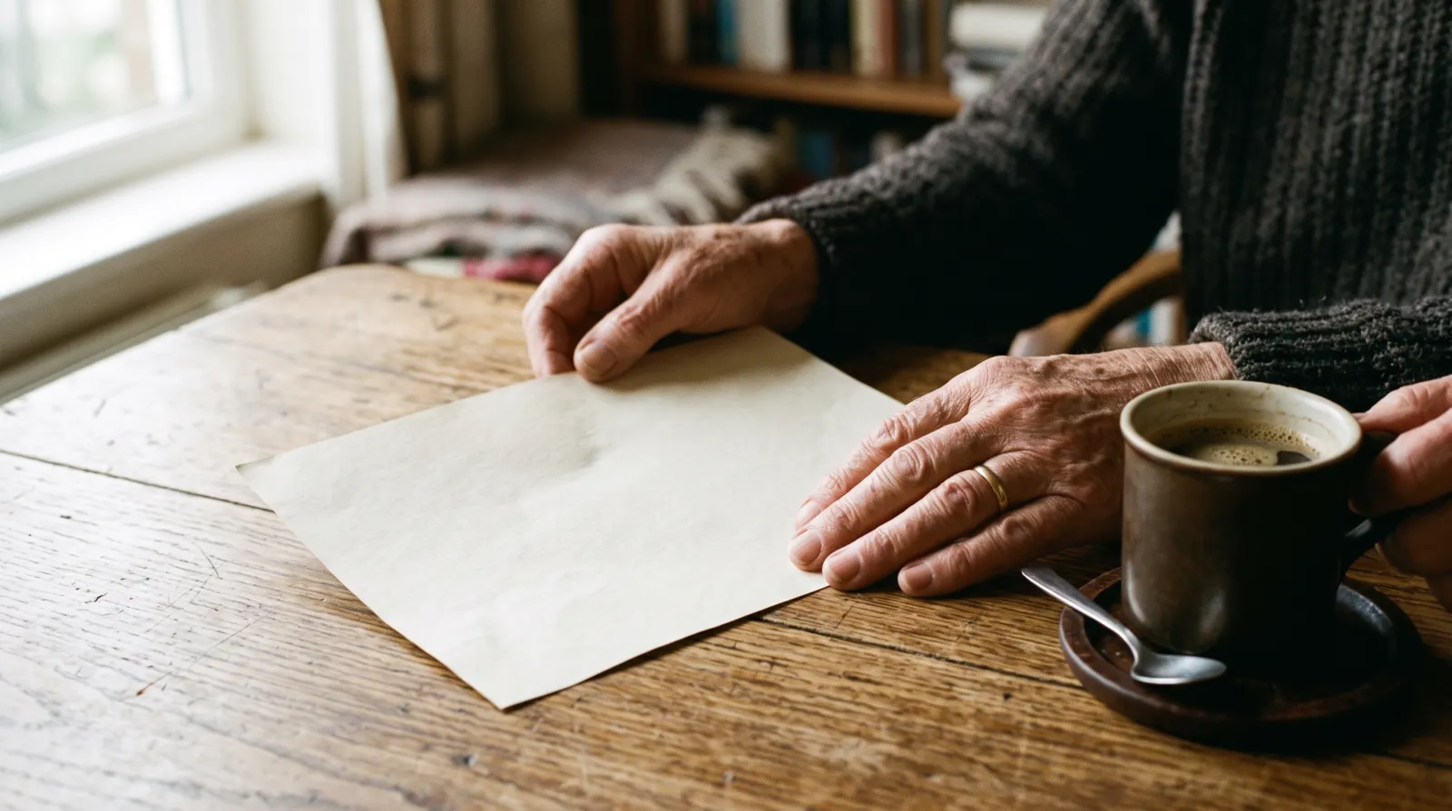 Mani di una persona anziana che tengono un foglio di riepilogo accanto a una tazza di caffè sul tavolo