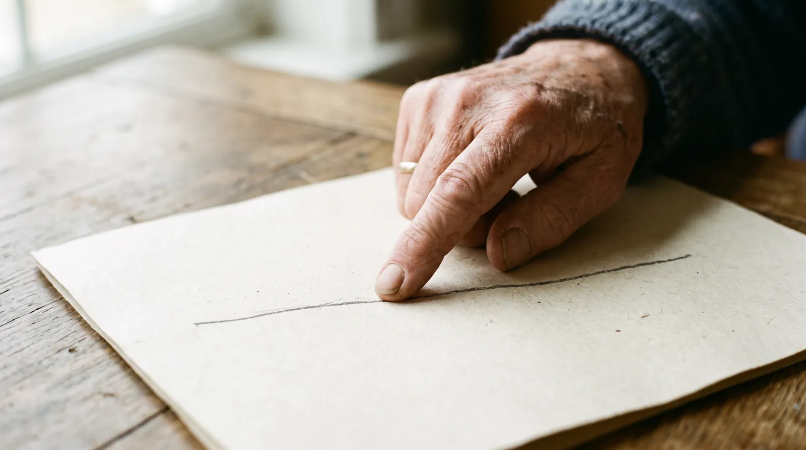 Primo piano di una mano anziana che indica una riga su un foglio stampato