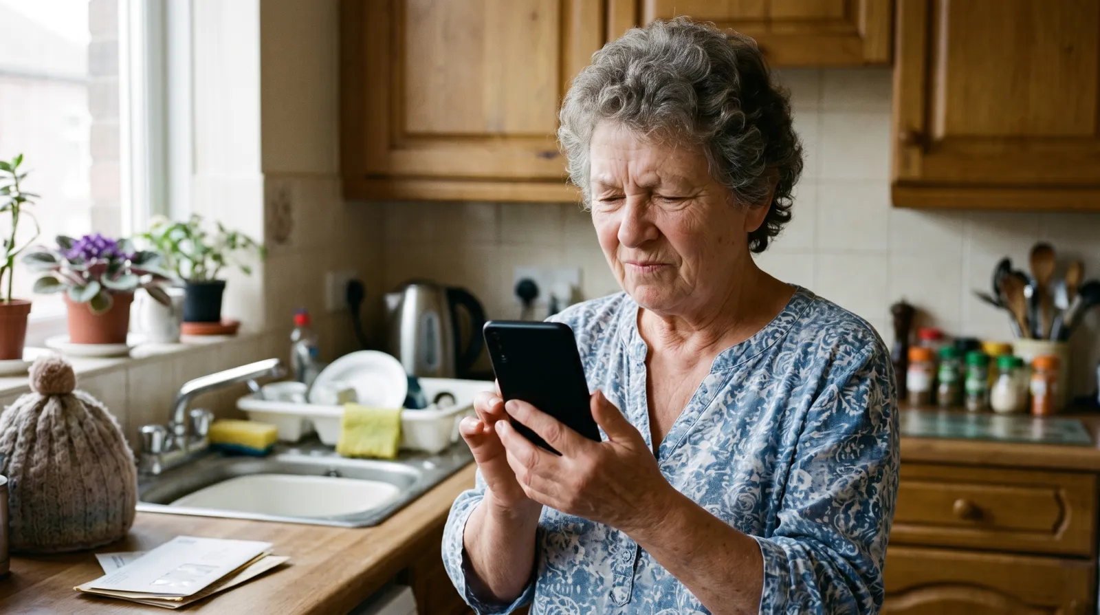 Persona anziana con lo smartphone in mano guarda lo schermo con espressione dubbiosa, in cucina